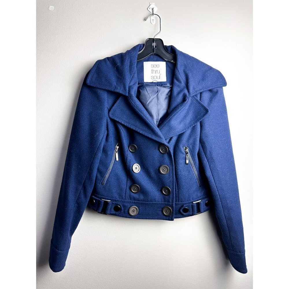 See Thru Soul Double Breasted Moto Jacket Womens Medium Blue